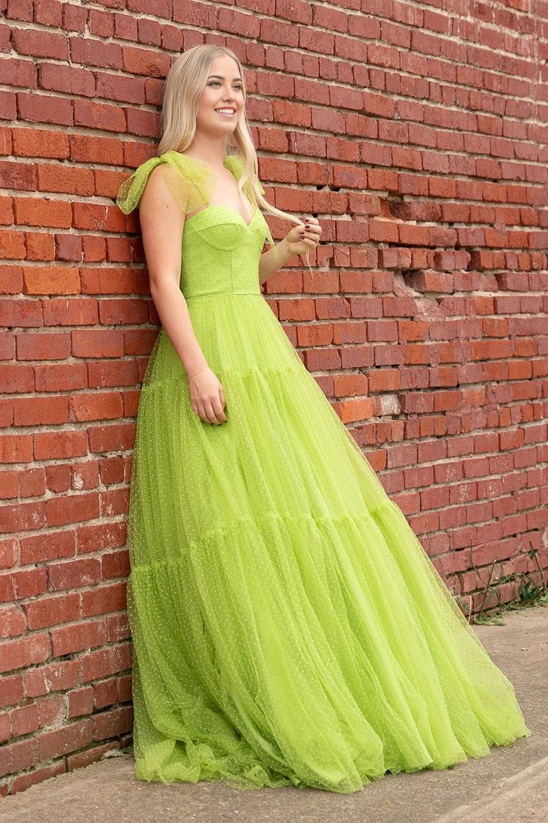 A Line Sweetheart Green Dot Tulle Long Prom Dresses